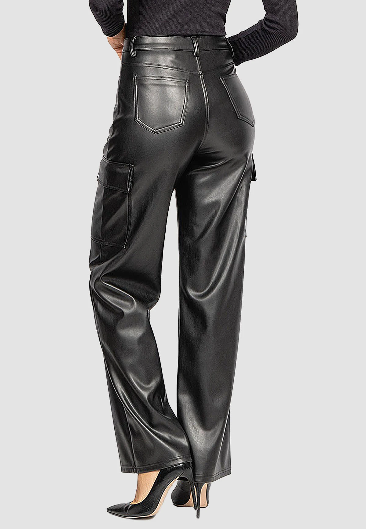 HELLO MISS Cargo Hose Coated Denim Leder Optik Stretch Pants Beschichtet In Schwarz 3 HELLO MISS Cargo Hose Coated Denim Leder Optik Stretch Pants Beschichtet In Schwarz